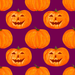 Symmetric seamless halloween pattern, watercolor pumpkins on purple background.