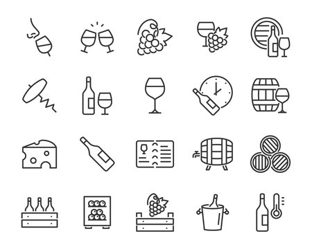 set of wine icons, wine bottle, grape, cork, alcohol, cheese
