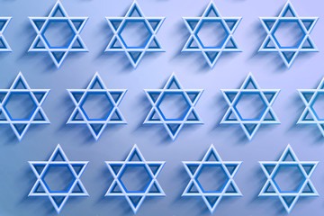 Israel star. Seal of Solomon icon. Jewish Star of David six sointed star. Hexagram on blue background. 3d illustration