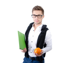 Young attractive student. Tablet and study.