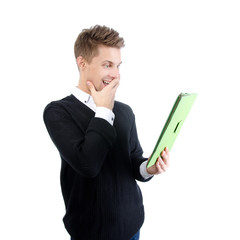 Young attractive student. Tablet and study.