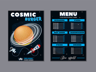 Cosmic meals Kids menu brochure. Vector fast food flyer. Menu for cafe with astronaut and space ship