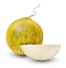 Ripe whole melon and a piece of melon on a white isolated background. Saturated color. Close-up....