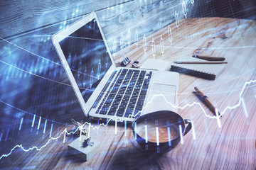 Multi exposure of forex chart and work space with computer. Concept of international online trading.