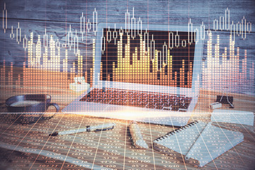 Multi exposure of graph and financial info and work space with computer background. Concept of international online trading.