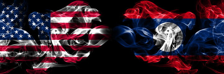 United States of America, USA vs Laos background abstract concept peace smokes flags.