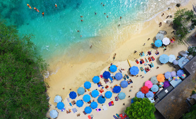 Aerial view of beautiful white sand beach on holiday season, Bali.