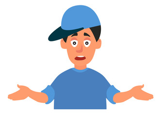 Young man emotionally spreads his hands. Question, what s going on. Vector illustration on white background in cartoon style
