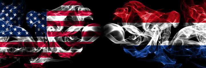 United States of America, USA vs Netherlands, Dutch background abstract concept peace smokes flags.