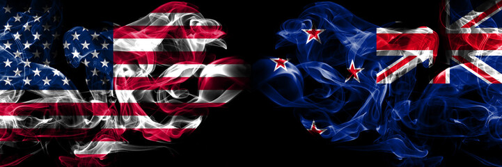 United States of America, USA vs New Zealand, New Zealander background abstract concept peace smokes flags.