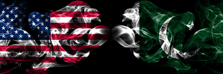 United States of America, USA vs Pakistan, Pakistani background abstract concept peace smokes flags.