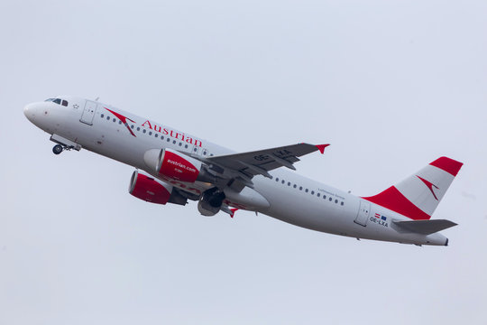 dusseldorf, nrw/germany - 04 03 18: austrian airlines airplane starting at dusseldorf airport germany