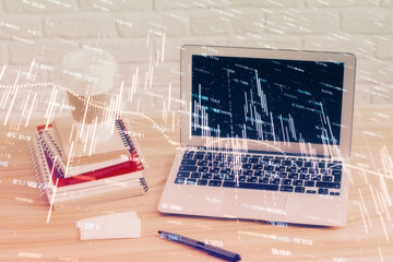 Financial market graph hologram and personal computer on background. Multi exposure. Concept of forex.