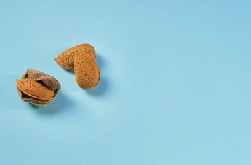 Fototapeta na wymiar Minimal modern composition with just from the branch nuts, unshelled Almonds on light blue background. Flat lay with food and copy space. Top view on three unshelled nuts.