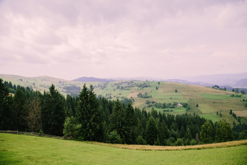 Fototapeta premium Romantik landscape in the mountain village in the Hutsul region Dovhopillya