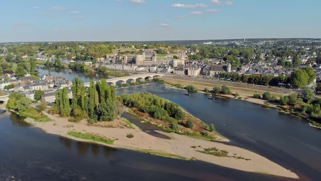 Aerial view over the Chateau d'Amboise, french medieval castle. August 2019.