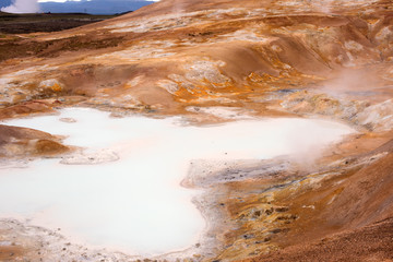 Exotic landscape in the geothermal valley Leirhnjukur. Myvatn region, North part of Iceland, Europe.