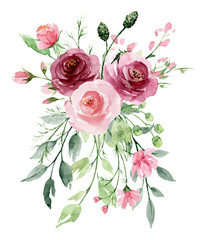 Pink flowers watercolor, floral clip art. Bouquet roses perfectly for printing design on invitations, cards, wall art and other. Isolated on white background. Hand painting. 