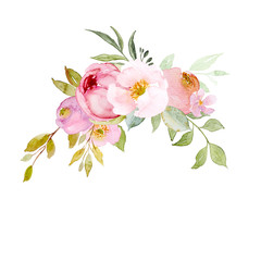 An arrangement of watercolor flowers and leaves. Hand drawn illustration