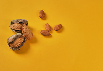 Top view on just from the branch nuts, unshelled and shelled Almonds, kernels. Flat lay with food and copy space. Minimal modern composition on yellow background. 