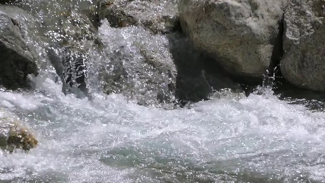 Beautiful cinematic shot of rive ganges gushing down the steam from the origin in uttarkhand region of india