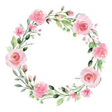 Wreath, floral frame, watercolor flowers roses, Illustration hand painted. Isolated on white background. Perfectly for greeting card design. 