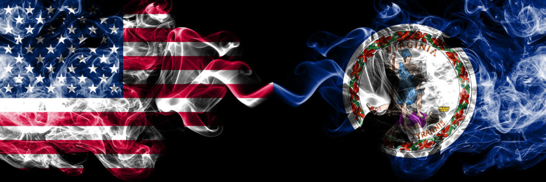 United States of America, USA vs Virginia state background abstract concept peace smokes flags.