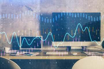 Multi exposure of graph and financial info and work space with computer background. Concept of...