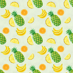 Hand drawn seamless pattern. Summer background with exotic fruits.