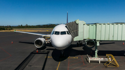 A airplane in Valdivia airport. Pichoy Airport is an airport located in the commune of Mariquina, Chile, 23 kilometers northeast of Valdivia. - obrazy, fototapety, plakaty