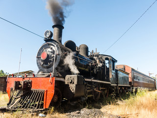 Fototapeta na wymiar Tourist train called Valdiviano that runs from Valdivia to Antilhue with a 1913 North British locomotive type 57. Los Rios Region, in southern Chile.