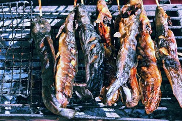 Grilled fish in Thailand. Retro filtered colors tone.
