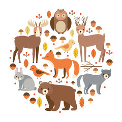 vector set of flat animals. forest dwellers. wolf, fox, deer, elk, bear, rabbit, owl, bird. on an isolated background. zoo cartoon set. plants, berries, mushrooms, fruit