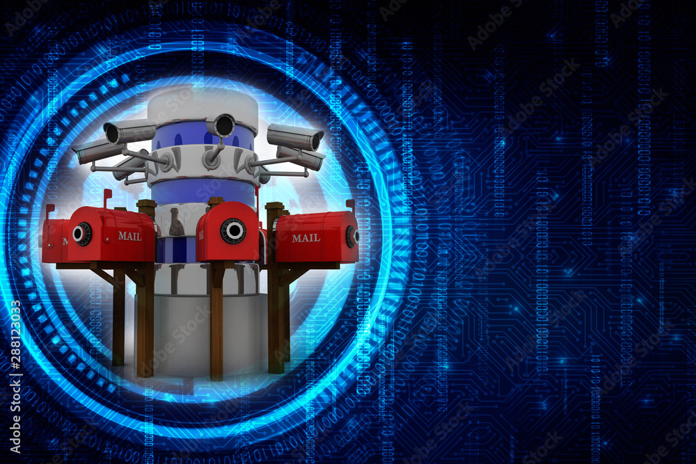 Poster 3d rendering surveillance cctv security camera connected modem with database