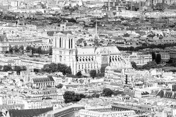 Paris view with Notre Dame. Black and white retro style.