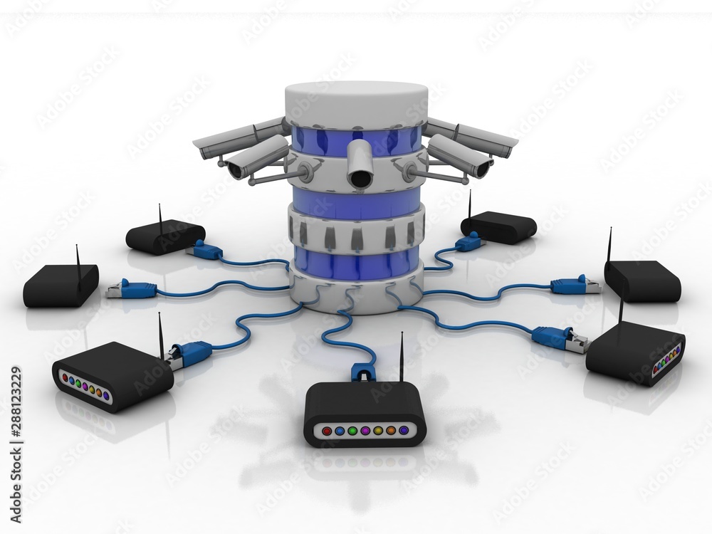 Poster 3d rendering surveillance cctv security camera connected modem with database around wifi modem