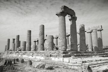 Ancient ruin of Agrigento. Black and white retro style.