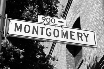 San Francisco, Montgomery Street. Black and white vintage style.