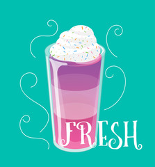 Cocktail jelly shot with toppings. Fresh sweet drink ads concept. Vector illustration.