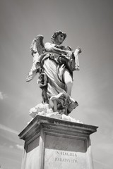 Rome, Italy. Angel sculpture. Black and white vintage style.