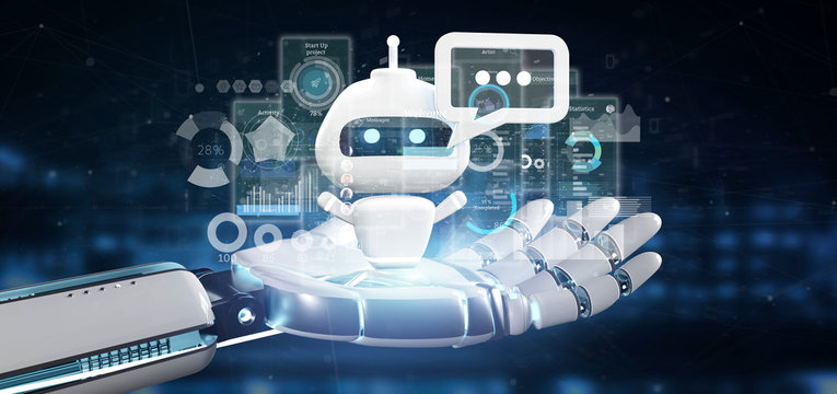 Cyborg hand holding Chatbot with binary code, message and data 3d rendering