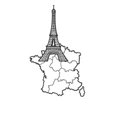 France map and Eiffel Tower sketch engraving vector illustration. National symbol. Tee shirt apparel print design. Scratch board style imitation. Black and white hand drawn image.