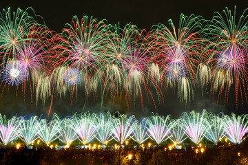 Fireworks festival in Moscow 2019. Performance of the team "Big holiday", Russia. Russia, Moscow, August 2019