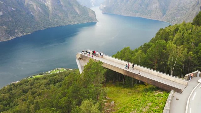 Aerial footage of Stegastein Viewpoint.Experience the spectacular viewing platform, 650 metres above Aurlandsfjord.