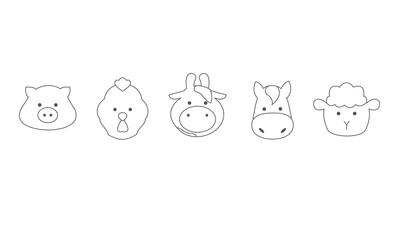 Set of icon farm animals, face of pig, rooster, cow, horse, sheep, outline
