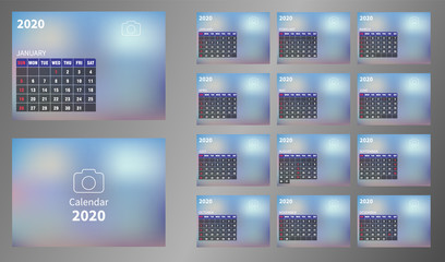 Calendar 2020, Set Desk Calendar template design with Place for Photo and Company Logo. Week Starts on Sunday. Set of 12 Months