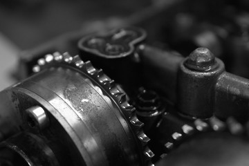 Fototapeta na wymiar car engine fragment macro, monochrome, blurred background