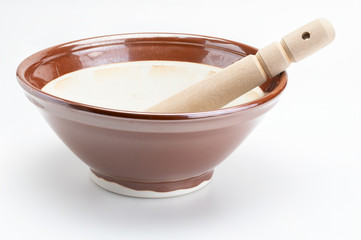Suribachi and Surikogi (Japanese streak mortar). Isolated on white background.