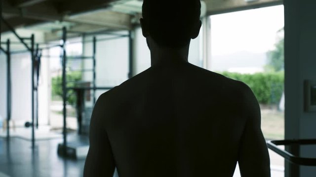 Athletic man working out on dip bars at the gym