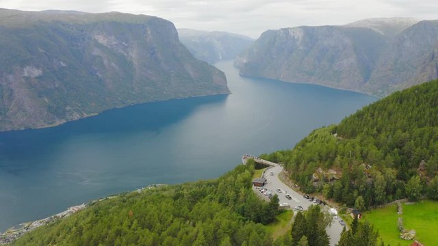 Aerial footage of Stegastein Viewpoint.Experience the spectacular viewing platform, 650 metres above Aurlandsfjord.